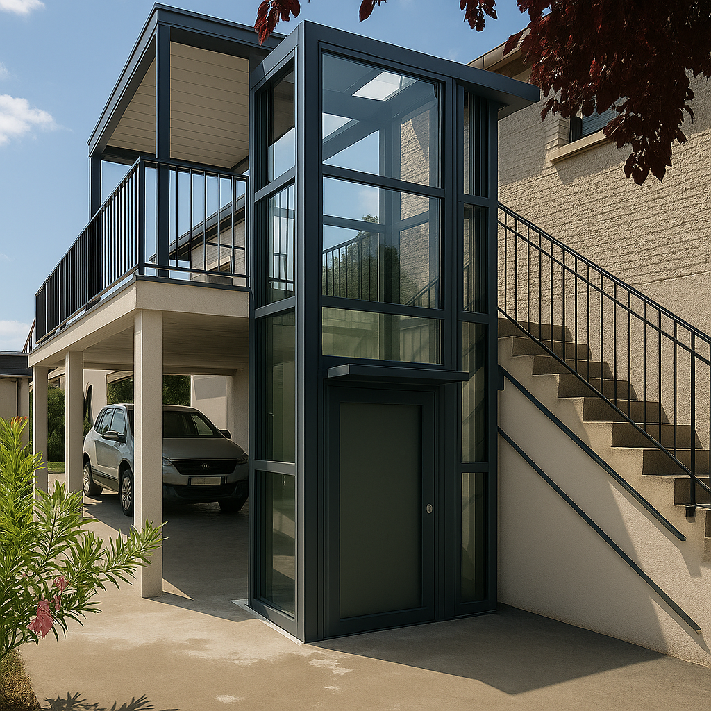 Ascenseur de maison extérieur permettant d'accéder au pallier