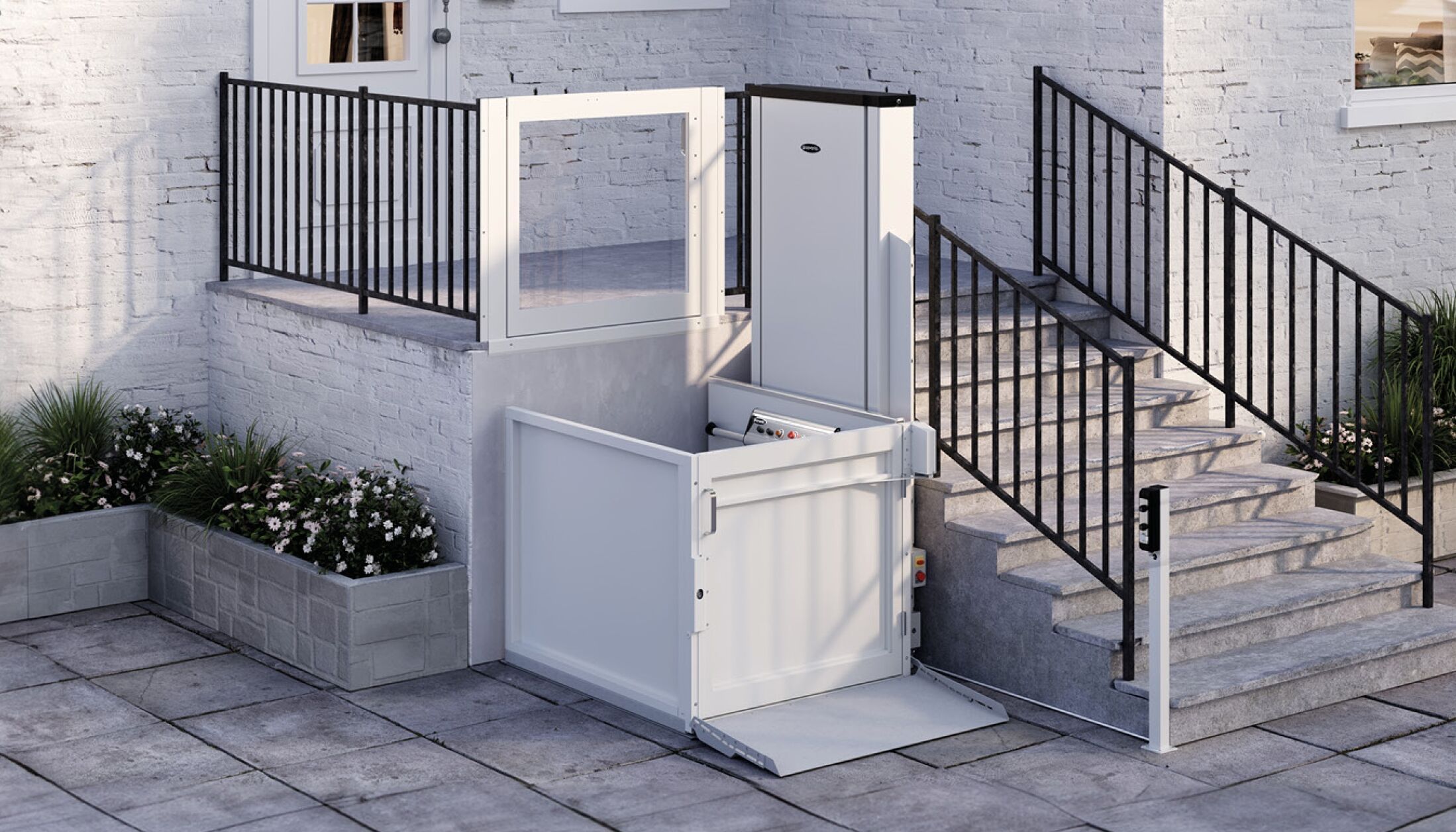 Plateforme élévatrice verticale blanche installée en extérieure